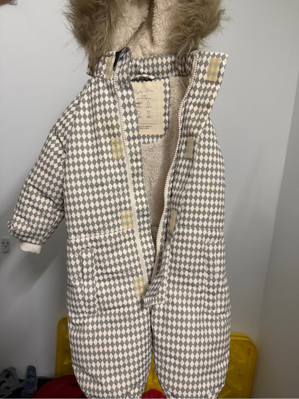 Rylee + Cru Diamond-Print Puff Snowsuit in Cream & Gray